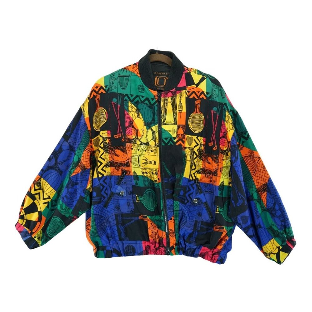 Vintage Ellen Tracy Womens Jacket Size M Blouson 100% Silk Full Zip Sports Print